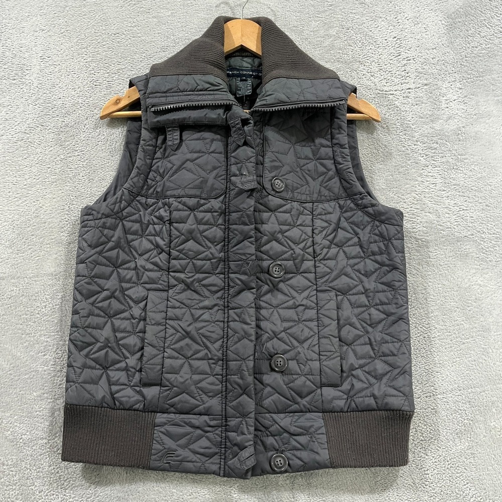 French Connection Vest Womens 12 Gray Quilted Zip‎ Button Preppy